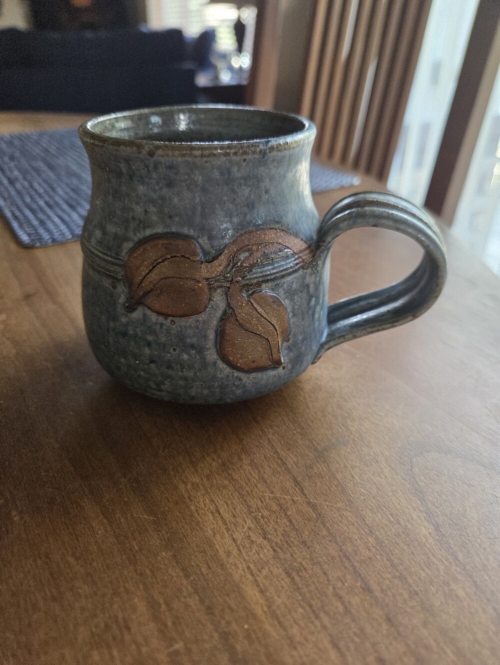 Willow Connery Studio Pottery Mug Blue Glaze With Leaves